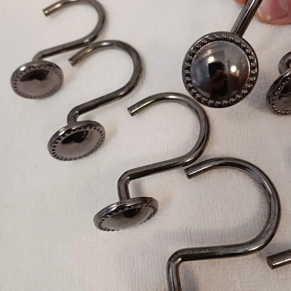 10 Shower‎ Curtain Hooks LUXE Decor Button Style Polished Gunmetal Dark PRETTY!